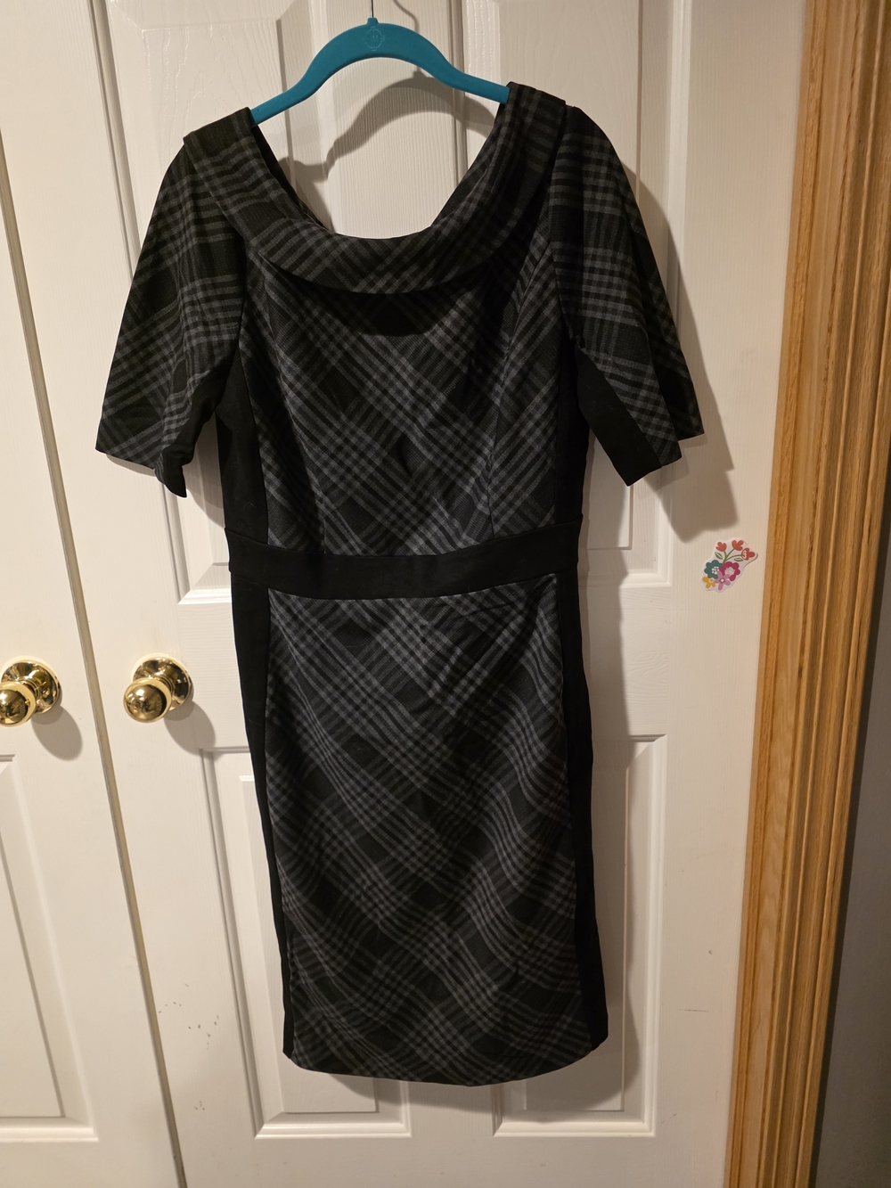 White House Black Market Black and Gray Plaid Midi Dress